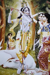 Krishna y las Gopi como se representa en un calendario Hare Krishna, Londres, Gran Bretaña