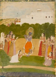 Krishna junto a un río tocando la flauta, c1720