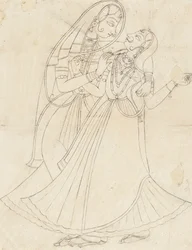Krishna vestido de mujer abrazando a Radha, siglo XIX