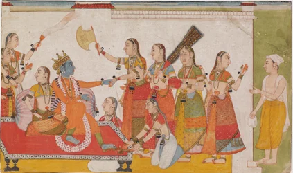 Krishna dando la bienvenida a Sudama, de un Bhagavata Purna, c. 1700