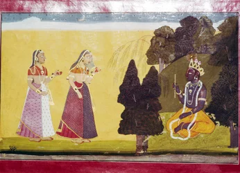 Krishna con flauta, acercado por dos damas