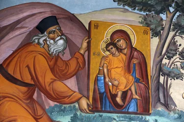 Monasterio de Kykkos, Chipre. Fresco. Monje llevando un icono sagrado, 20150510, Pedoulas, Chipre