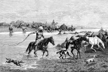 Kirguises cruzando un río, Kirguistán, 1895