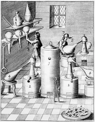 Laboratorio para refinar oro y plata, con el equipo de laboratorio típico, 1683