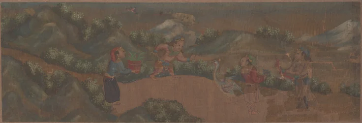 Pintura de paisaje con figura en un entorno boscoso