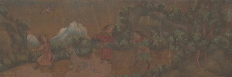 Pintura de paisaje de figura en un entorno boscoso