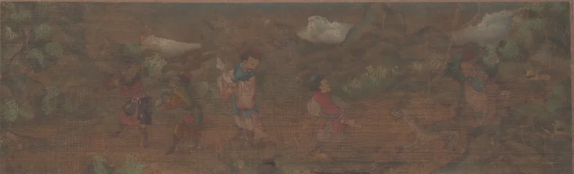 Pintura de paisaje de figura en entorno boscoso