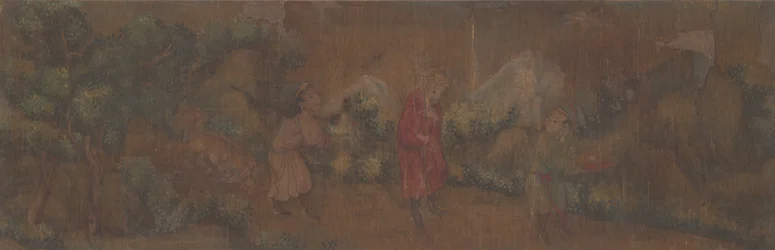 Pintura de paisaje de figura en entorno boscoso