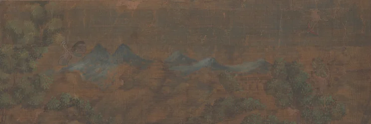 Pintura de paisaje de figura en entorno boscoso