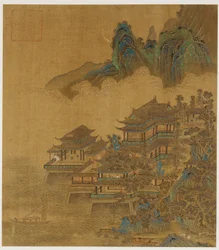 Paisaje: un palacio entre lago y montañas, dinastía Ming o Qing, siglo XVII