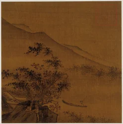 Paisaje: laderas, rocas, árboles, casa y un bote, dinastía Ming, 1368-1644