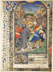 Hoja extraída de las Horas de Tarleton: Cristo llevando la cruz, Tercia, Oficio de la Virgen, c. 14