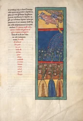 Hoja de un manuscrito Beatus: el primer ángel toca la trompeta..., ca. 1180