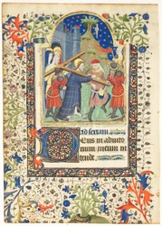 Hoja de un Libro de Horas: Cristo llevando la cruz Sexta, Horas de la Cruz, c. 1410-1420