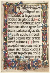 Hoja de un Salterio con borde completo con medallones de la Anunciación, SS. Jerónimo, Clara..., 1475