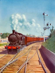 Saliendo de Dublín. Tren de los Ferrocarriles del Sur, remolcado por un expreso de pasajeros 4-4-0, 1935