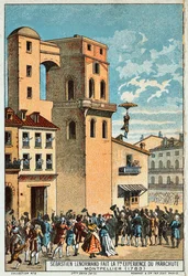 Lenormand salta desde la torre del observatorio de Montpellier, 1783, siglo XIX