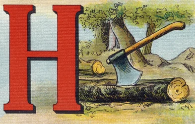 Letra H: hacha. Grabado en "Alphabet de ma petite fille". Bernardin-Bechet y Fils, libreros-editores, París, alrededor de 1895. Álbum inquebrantable sobre lienzo. Bibliothèque des Bébés. 12 páginas. Álbum que contiene un método de lectura y un abecedario i