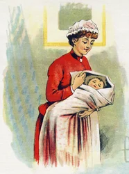 Letra N: enfermera. Grabado en "ABC El alfabeto de los bebés". Volumen irrompible sobre lienzo en cromolitografía. A. Capendu, editor, París. Principios del siglo XX, alrededor de 1905. Imágenes de origen inglés, acompañadas de palabras en francés correspo