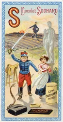 Letra S: sol, siembra, sembrador, sirviente, estupor, soldado, espada, silla, serpiente, estatua, pezuña, bolsa. Grabado del Alfabeto editado por Chocolat Suchard, principios del siglo XX. 24 cromolitografías que representan lugares, personajes y objetos