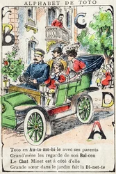 Letras A B C D Coche Balcón Gato Comidita. Grabado en "Alphabet de Toto", finales del siglo XIX. Imágenes de Pont-a-Mousson. Louis Vagne, impresor-editor. 12 páginas. Álbum publicitario que contiene un abecedario ilustrado y un método de lectura simplifica