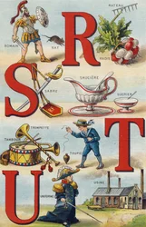 Letras R S T U; Rábano Rastrillo; Romano; Sable; Salsera Azúcar; Trompeta tambor; Trompo; Uniforme; Fábrica. Grabado en "Alphabet de ma petite fille". Bernardin-Bechet y Fils, libreros-editores, París, alrededor de 1895. Álbum inquebrantable sobre lienzo. 