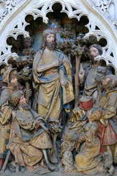 Vida de San Juan Bautista: "San Juan Bautista mostrando el anillo de Dios." Alto relieve del extremo norte del coro norte (1531). Catedral de Amiens, Amiens, Francia