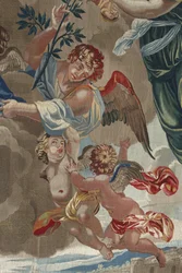 Vida de la Virgen: “La Coronación de la Virgen” (Coronación de la Virgen) Detalle de ángeles Tapiz de lana y seda hecho en el taller de Pierre Damour a partir de los dibujos de Charles Poerson (1609-1667)