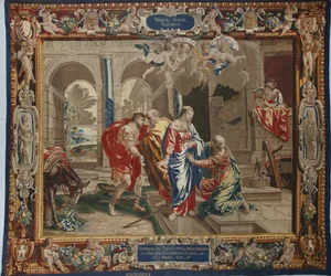 Vida de la Virgen: “La Visitación” la visita de María a Isabel, José y Zacarías detrás de ellos - Tapiz de lana y seda hecho en el taller de Pierre Damour después de los dibujos de Charles Poerson (1609-1667)