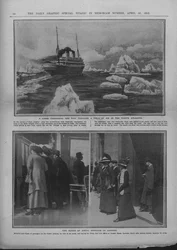 Transatlántico en un campo de hielo y personas esperando noticias del desastre del Titanic, 20 de abril de 1912