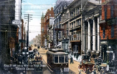 Mirando al oeste a lo largo de King Street, Toronto, Canadá, c1900s