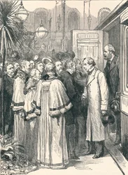 Lord Beaconsfield y Lord Salisbury en la estación de tren de Charing Cross, 1896