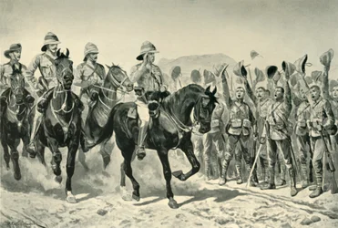 Lord Roberts aclamado por las tropas a su llegada al río Wonder, 1901
