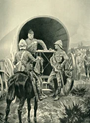 Lord Roberts escribiendo despachos en el vagón de transporte en el que dormía, 1901