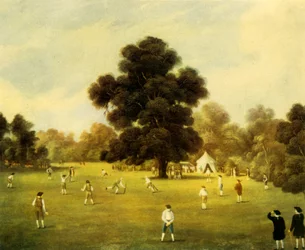 Lores y caballeros de Surrey y Kent jugando al cricket en Knole Park, Kent, 1775, 1947