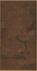 Luohan sosteniendo un abanico, con asistente, siglo XIV