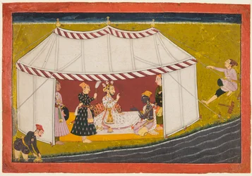 Madhava en una tienda ante un gobernante, de una serie Madhavanala Kamakandala, c. 1700