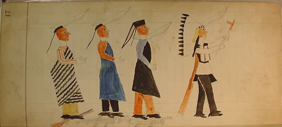 Maffet Ledger: Tres indios siguiendo a un jefe, ca. 1874-81