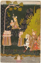 Maharajá Abhai Singh, Ecuestre, Observando a las Chicas Balancearse en el Festival Teej, c. 1740