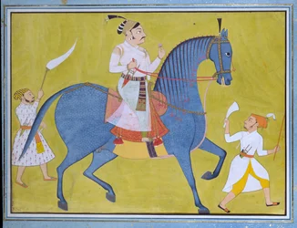 Maharajá Pratap Singh de Sawar montando, con dos asistentes a pie, c1700