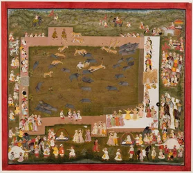 Maharajá Sangram Singh y su corte observan una pelea entre tigres y jabalíes en Sadri, c. 1720