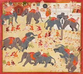 Maharana Raj Singh observando una pelea de elefantes, ca. 1670-1675