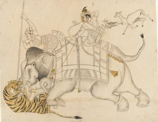 Maharao Shatru Sal II cazando un tigre, ca. 1866-89