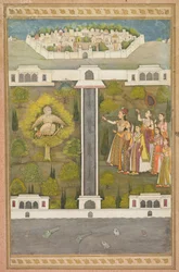 Mahliqa, hija del emperador de China, señalando al Hombre-Pájaro Khwaja Mubarak..., c. 1710