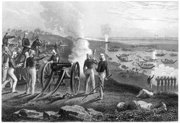 El Mayor Eyre expulsando a los rebeldes de Oude de Allahabad, 1857, c1860
