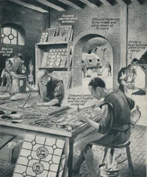 Haciendo una ventana de vidrio teñido, c. 1934