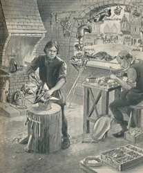 Fabricando armaduras para los caballeros de antaño, c1934