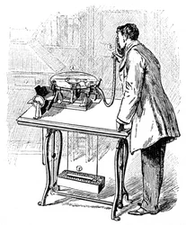 Haciendo grabaciones en el gramófono de Emile Berliner, c1887