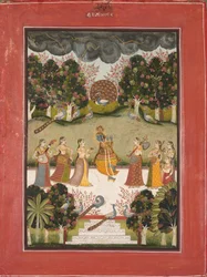 Malar Ragini: Krishna Tocando la Flauta a Siete Gopis con Instrumentos Musicales..., c. 1760
