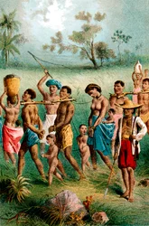 Hombre, mujer y niño cautivos llevados a la esclavitud por comerciantes de esclavos árabes, c1875